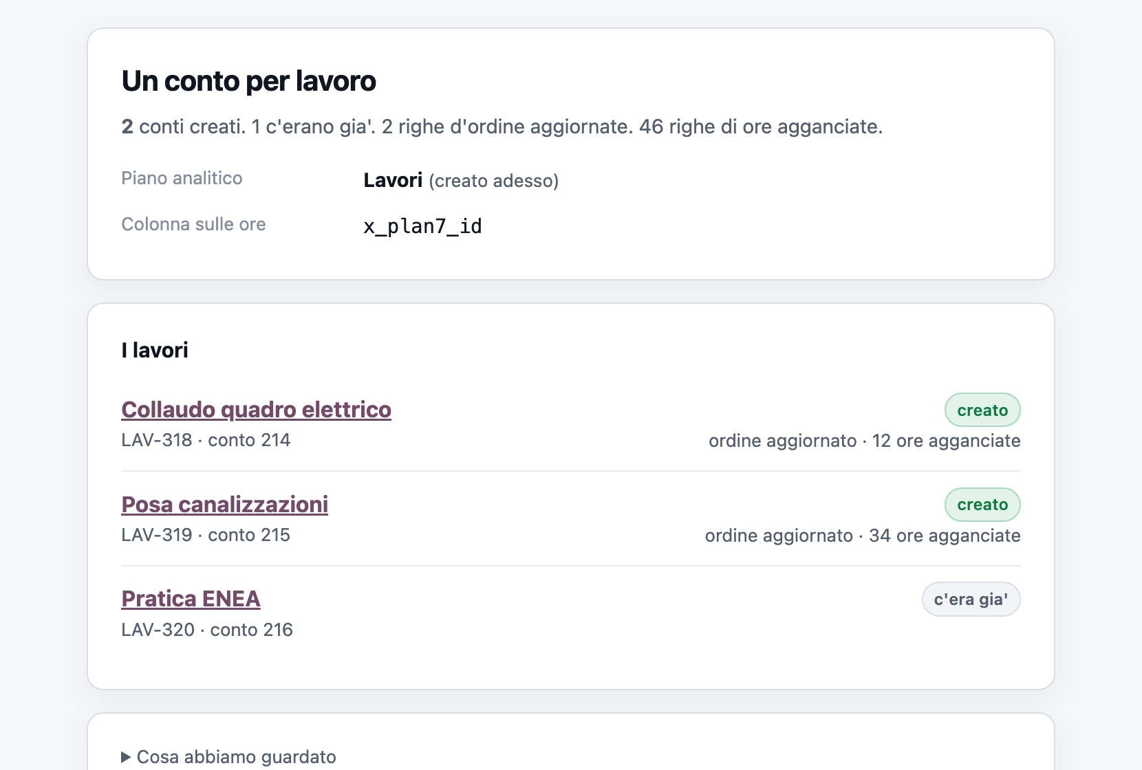 Esempio di quello che produce Conti analitici per lavoro