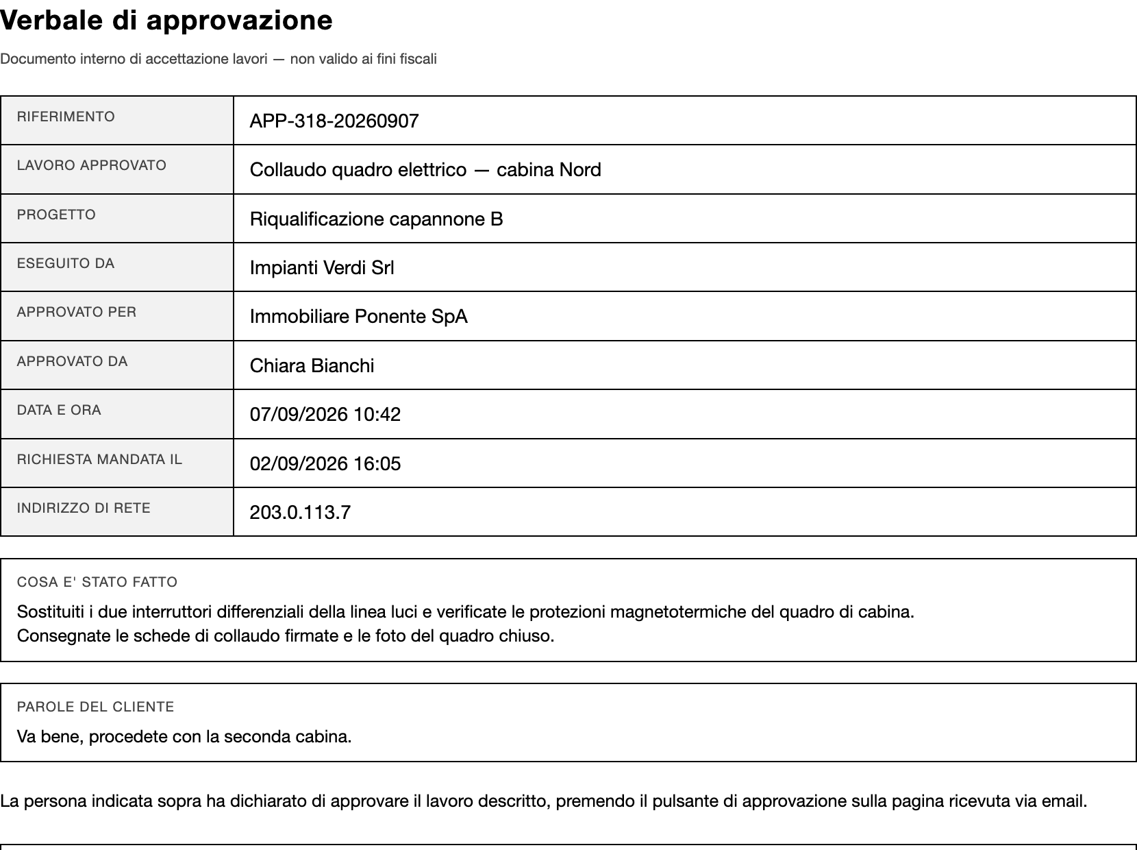 Esempio di quello che produce Approvazioni del cliente