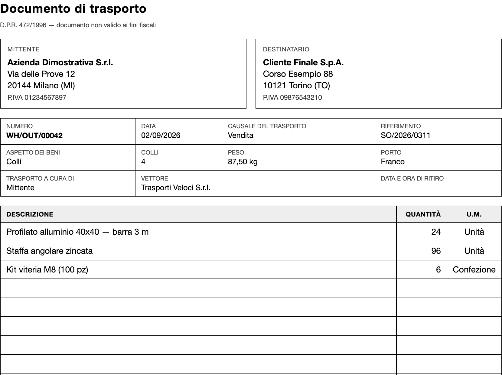 Esempio di quello che produce Documento di trasporto
