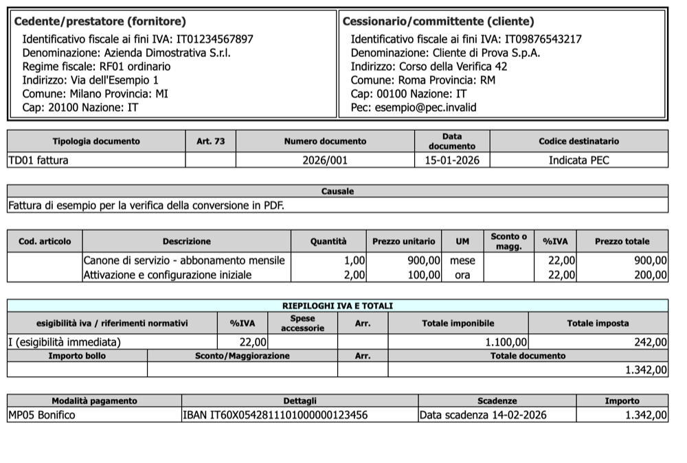 Preview of an electronic invoice converted to PDF, with readable supplier details and invoice lines